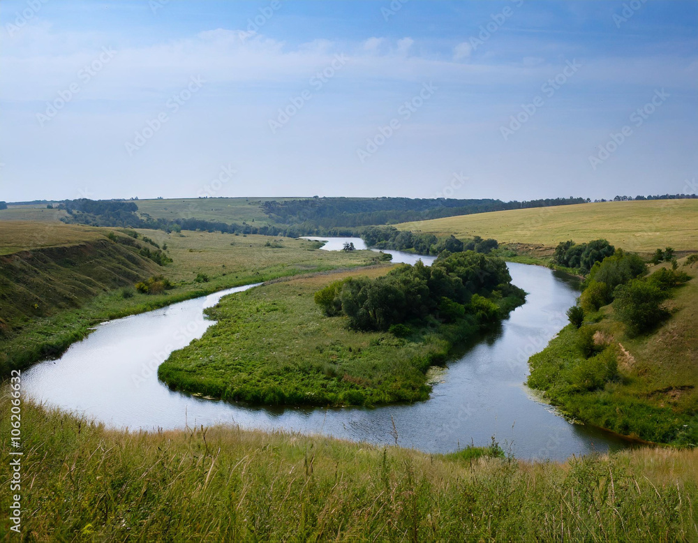 Obraz premium Winding river flows through lush landscapes and green banks under a clear sky. Generative AI