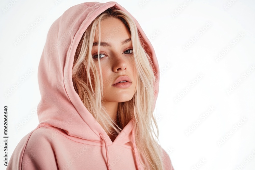 Obraz premium A trendy young woman wearing a pink hoodie, exuding style and fashion confidence.