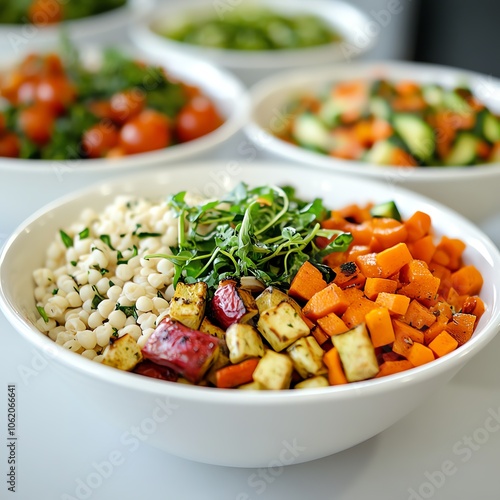 Healthy bowl with grains and fresh vegetables, vibrant colors and textures.