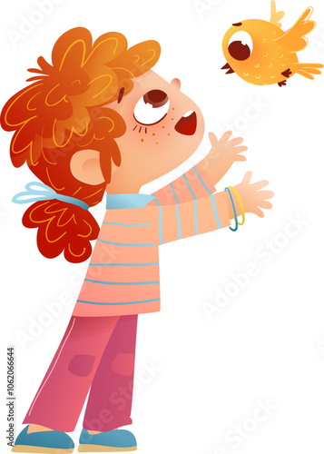 Little girl happy smiling playing with flying bird. Happy cute redhead schoolgirl play with bird and laugh. Children character for school and preschool kids. Vector illustration isolated clip art.