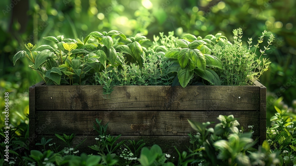 A crate filled with fresh herbs like basil and thyme in a garden. The herbs are vibrant and green, ready to be used for cooking or medicinal purposes. A crate filled with fresh herbs like basil and thyme in a garden. The herbs are vibrant and green, ready to be used for cooking or medicinal purposes.