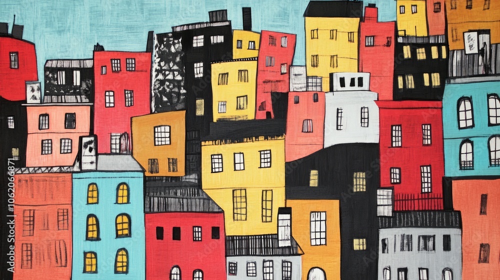 Colorful artistic city illustration consisting of many buildings and streets Colorful artistic city illustration consisting of many buildings and streets