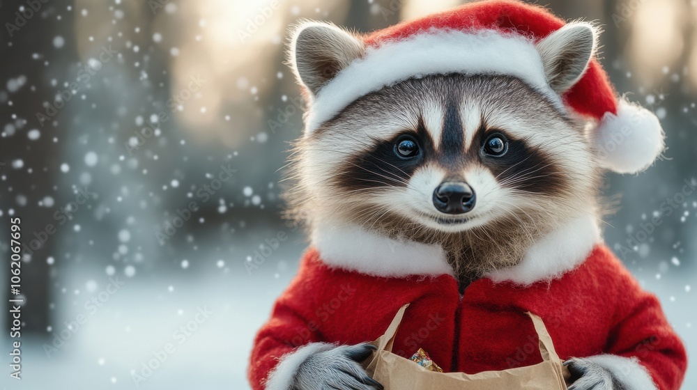 Raccoon in a Santa suit holds a gift bag in a snowy winter wonderland, AI Raccoon in a Santa suit holds a gift bag in a snowy winter wonderland, AI