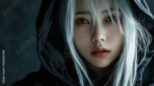 Asian girl character long white hair wearing a hood in a assassin mysterious style background wallpaper AI generated image