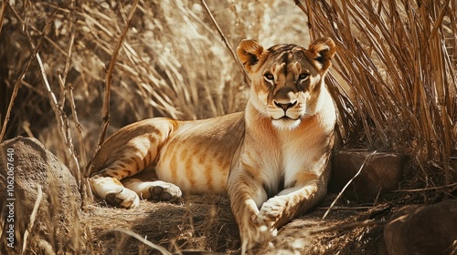 A young lion lying down with a calm expression, set against a backdrop of dry grasses and rocks.
