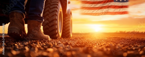A farmer stands beside a tractor at sunset, with a vibrant American flag flying nearby, symbolizing agriculture and patriotism.
