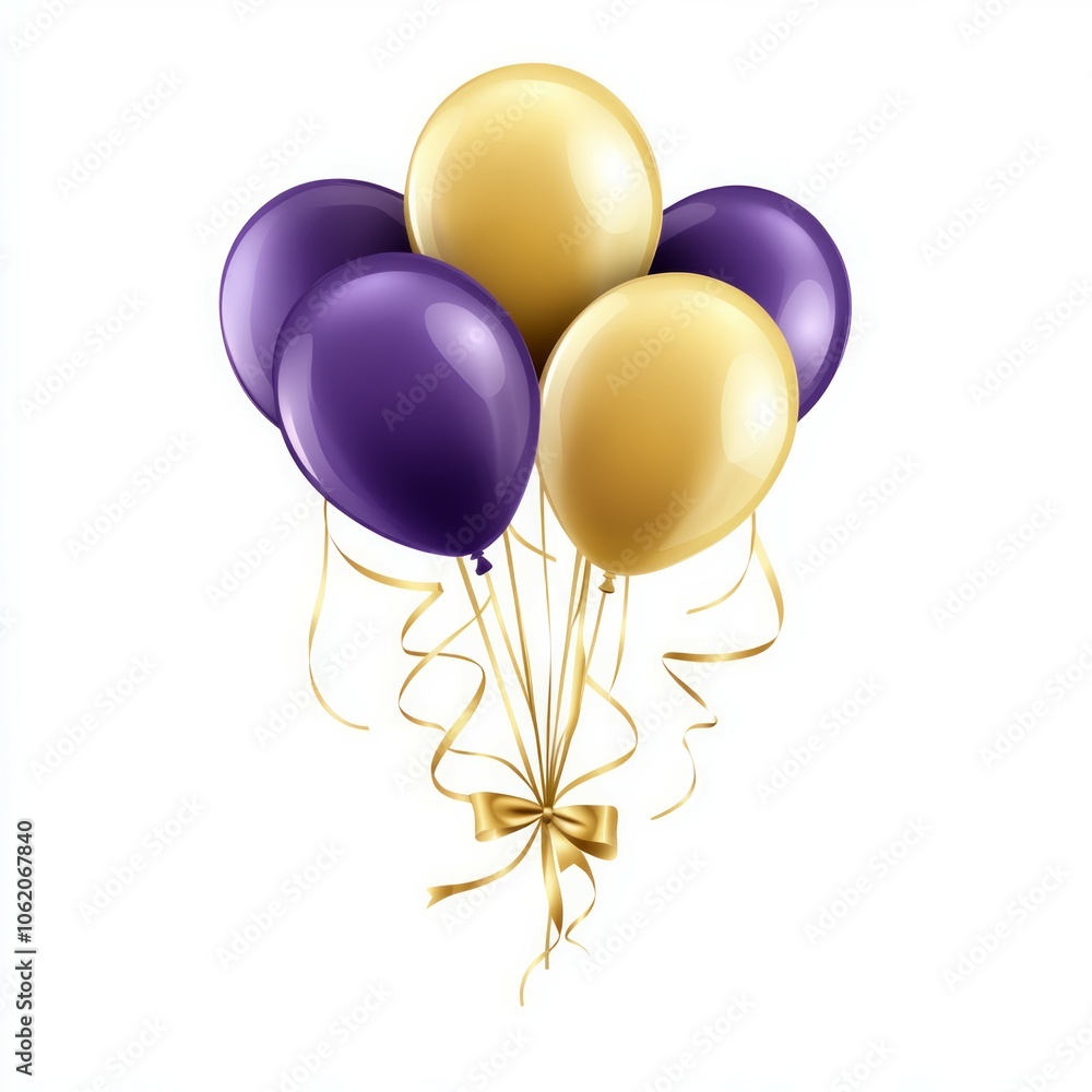 Clipart of balloons with ribbons in gold and purple colors on a white background Clipart of balloons with ribbons in gold and purple colors on a white background