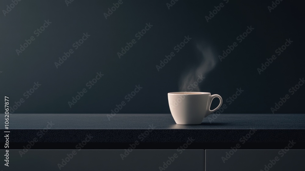 White coffee cup sits on a counter with steam rising from it. Concept of relaxation and comfort, as the cup of coffee is a common beverage associated with winding down and taking a break White coffee cup sits on a counter with steam rising from it. Concept of relaxation and comfort, as the cup of coffee is a common beverage associated with winding down and taking a break