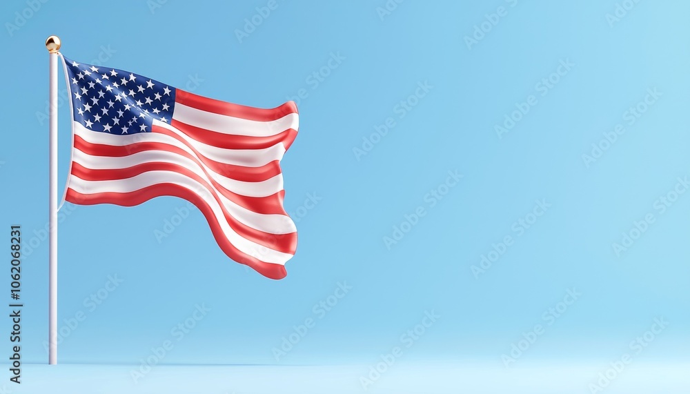 Fototapeta premium A vivid American flag waves against a clear blue sky, symbolizing patriotism and national pride.