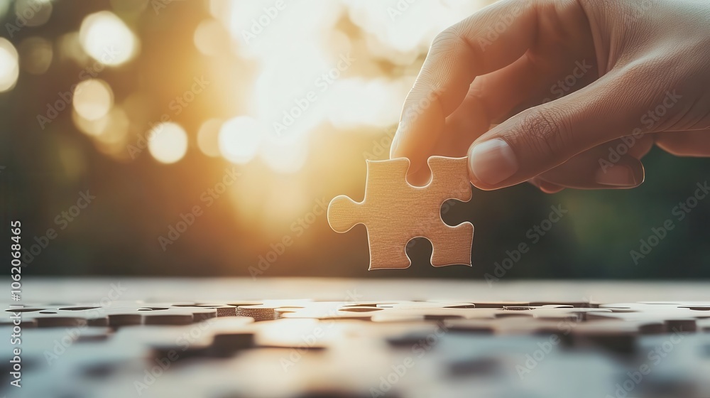 Hands placing last puzzle piece, symbolizing achievement of business goals Hands placing last puzzle piece, symbolizing achievement of business goals