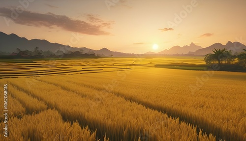 Golden Rice Fields at Sunset with Mountains in the Background