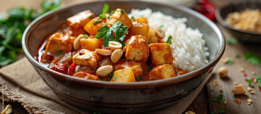Savory Indian Curry Dish Served with Steamed Rice in Rustic Bowl Garnished with Fresh Herbs and Toasted Nuts for a Flavorful and Nourishing Meal Savory Indian Curry Dish Served with Steamed Rice in Rustic Bowl Garnished with Fresh Herbs and Toasted Nuts for a Flavorful and Nourishing Meal