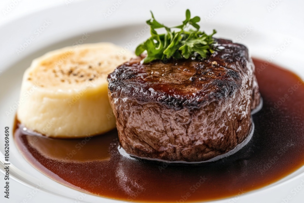 A delicious cooked steak with mashed potatoes and sauce. A gourmet meal. A delicious cooked steak with mashed potatoes and sauce. A gourmet meal.