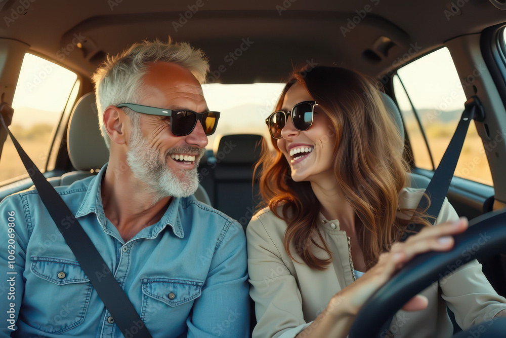 A candid photograph of two people enjoying a drive in a modern car, with a woman driving and a men in the passenger seat, showcasing a cheerful atmosphere. A candid photograph of two people enjoying a drive in a modern car, with a woman driving and a men in the passenger seat, showcasing a cheerful atmosphere.