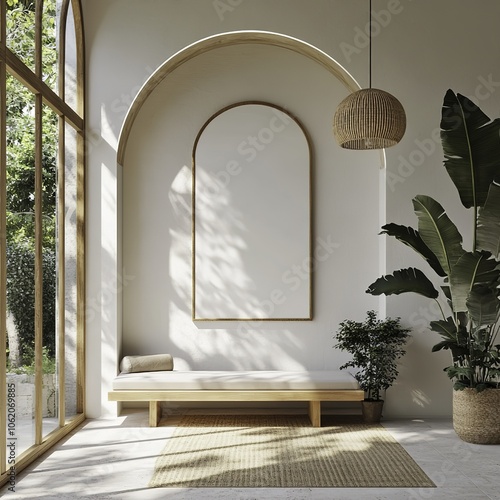 A serene room featuring a 3D rendering of an arched wall frame at its center, complemented by a floor-to-ceiling window on one side and a minimalist bench underneath.