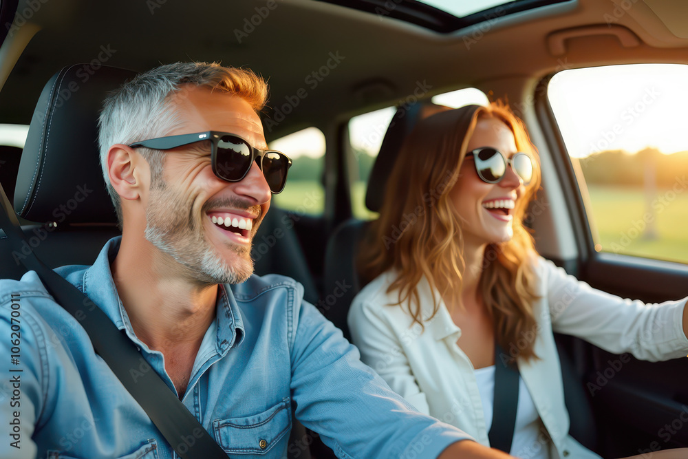 A candid photograph of two people enjoying a drive in a modern car, with a woman driving and a men in the passenger seat, showcasing a cheerful atmosphere. A candid photograph of two people enjoying a drive in a modern car, with a woman driving and a men in the passenger seat, showcasing a cheerful atmosphere.