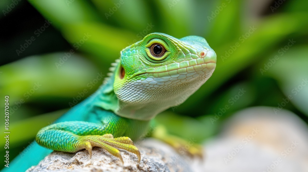 Vibrant green lizard perched on a rock amidst lush foliage, AI Vibrant green lizard perched on a rock amidst lush foliage, AI