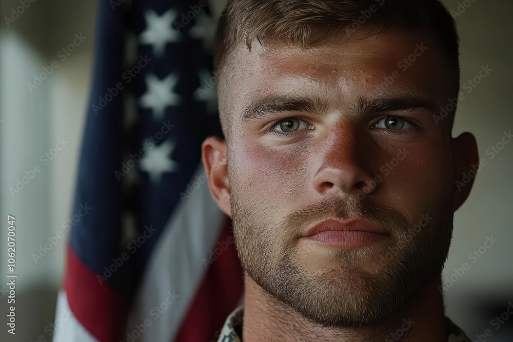 Fototapeta premium Closeup of a Marine saluting in front of an American flag, wearing a crisp dress uniform, Marine saluting with flag, Patriotic and respectful