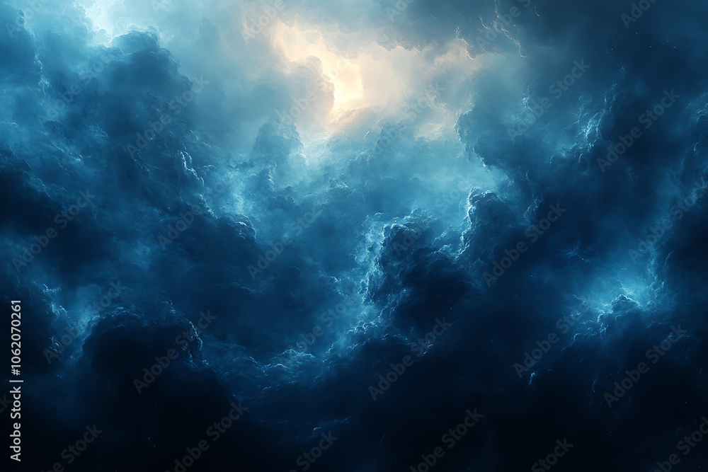 Dark blue stormy sky with dramatic, intense clouds and deep shadows, capturing the powerful and moody atmosphere of an approaching thunderstorm.
