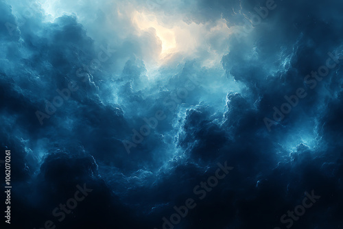 Dark blue stormy sky with dramatic, intense clouds and deep shadows, capturing the powerful and moody atmosphere of an approaching thunderstorm. 