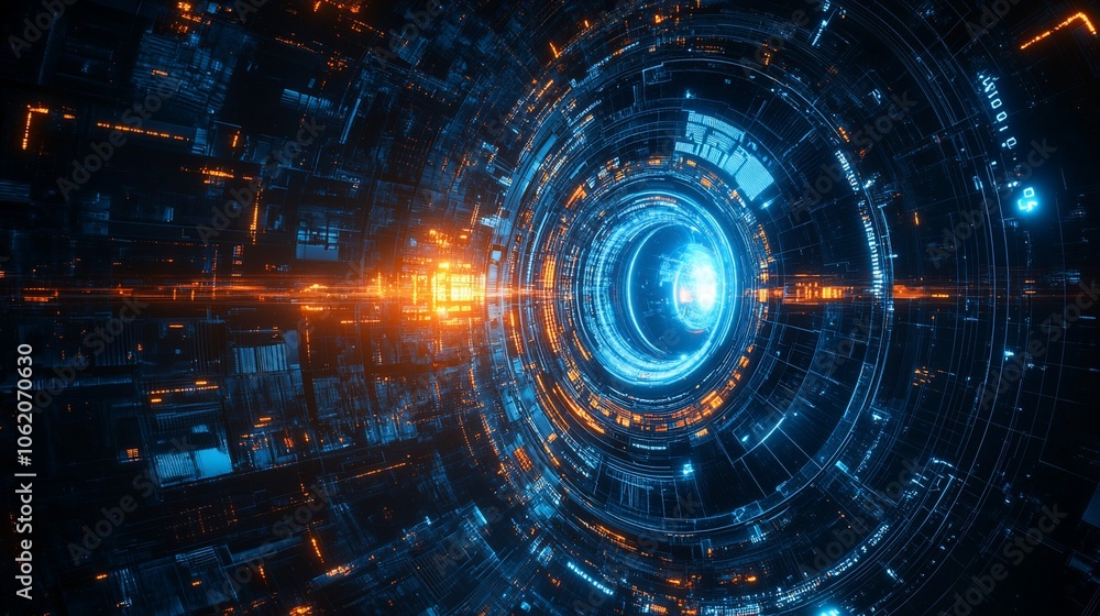 Abstract futuristic tunnel with glowing blue and orange lights. Abstract futuristic tunnel with glowing blue and orange lights.