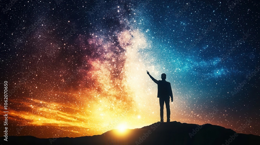 Entrepreneur on ladder reaching for stars, symbolizing high aspirations Entrepreneur on ladder reaching for stars, symbolizing high aspirations