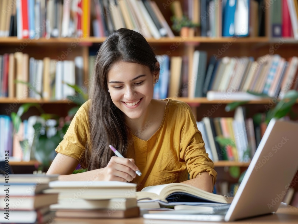 Female student sitting in a library, smiling and taking notes on her laptop. Female student sitting in a library, smiling and taking notes on her laptop.