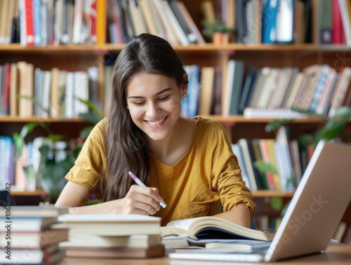 Female student sitting in a library, smiling and taking notes on her laptop.