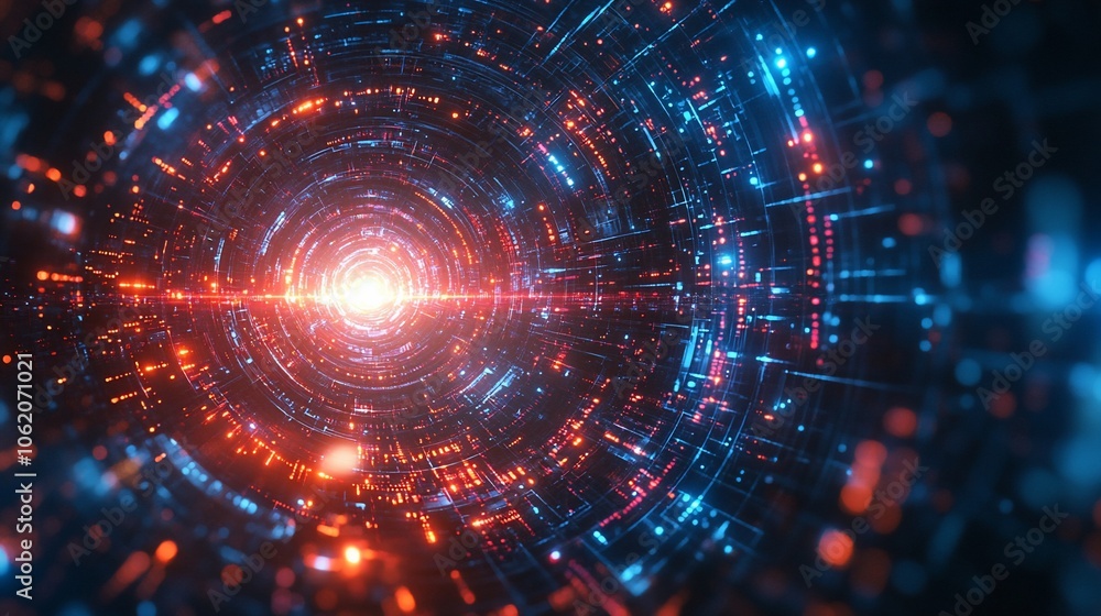 Abstract glowing tunnel with digital data and light particles. Abstract glowing tunnel with digital data and light particles.