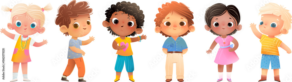 Group of elementary or kindergarten little kids. Diverse multinational school children. Happy preschool kids boys and girls of different race. Vector children characters clipart illustration isolated. Group of elementary or kindergarten little kids. Diverse multinational school children. Happy preschool kids boys and girls of different race. Vector children characters clipart illustration isolated.