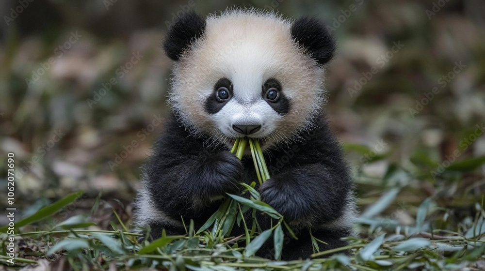 Obraz premium Adorable panda cub eating bamboo stalks in its natural habitat.