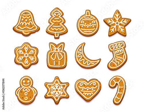 Twelve Delightful Christmas Gingerbread Cookies On White Background Featuring Festive Shapes Like Bell, Tree, Ornament