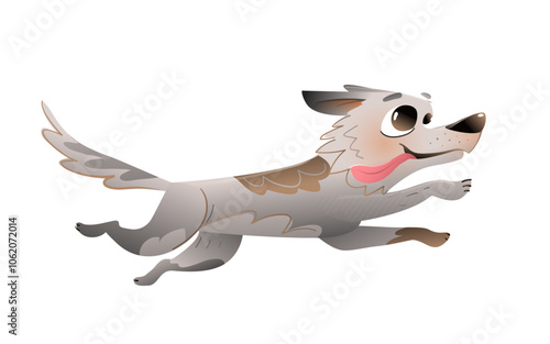 Happy dog running, doggy character design. Friendly stray dog running. Cute domestic animal character design. Vector animal cartoon illustration. Isolated clip art.