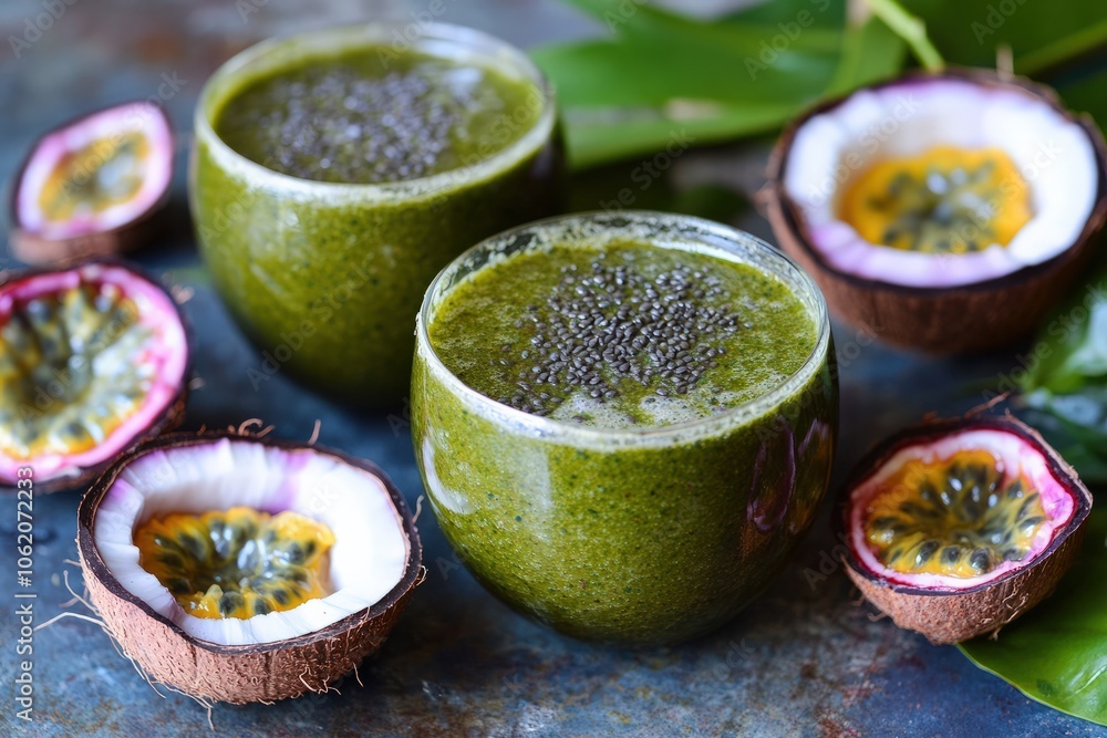 A tropical algae-based smoothie featuring chlorella, coconut water, and passion fruit, offering a vibrant, vitamin-rich beverage that supports immune health and digestion A tropical algae-based smoothie featuring chlorella, coconut water, and passion fruit, offering a vibrant, vitamin-rich beverage that supports immune health and digestion