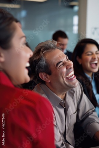 A man and women in a meeting laugh, enjoying workplace humor.