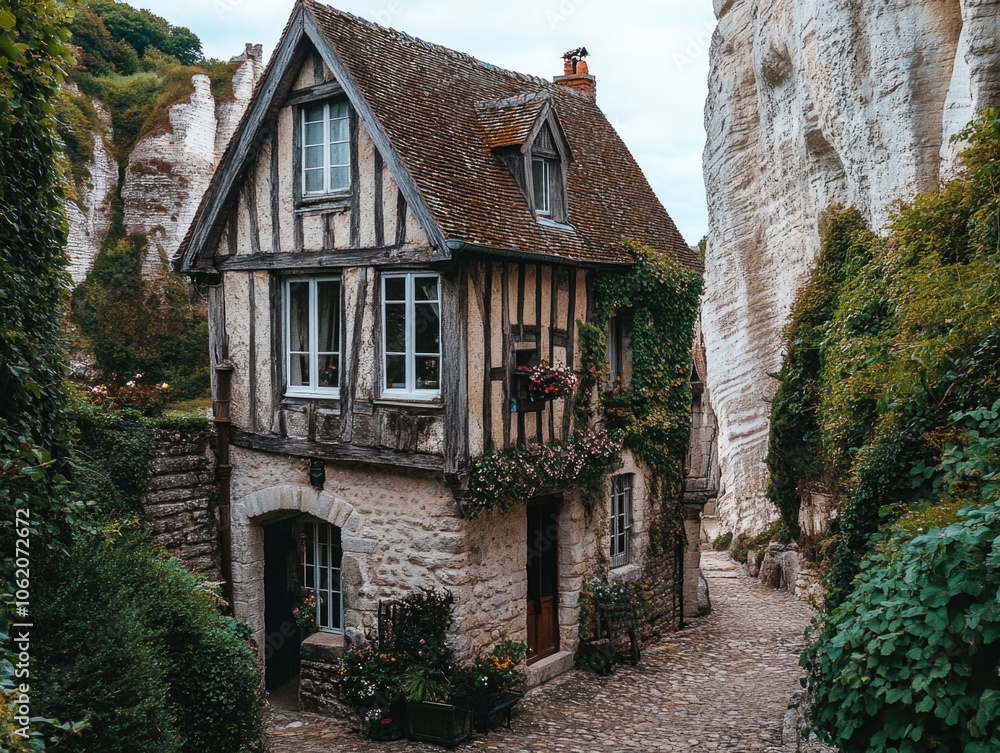 Small house with a stone exterior sits on a narrow street. The house is surrounded by greenery and has a garden with potted plants. The house appears to be old and quaint, giving off a cozy Small house with a stone exterior sits on a narrow street. The house is surrounded by greenery and has a garden with potted plants. The house appears to be old and quaint, giving off a cozy