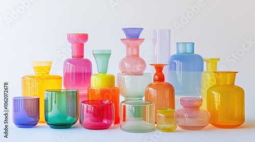 A playful collection of colored glass containers filled with vibrant liquids, set against a white background, illustrating the interaction of color and transparency.