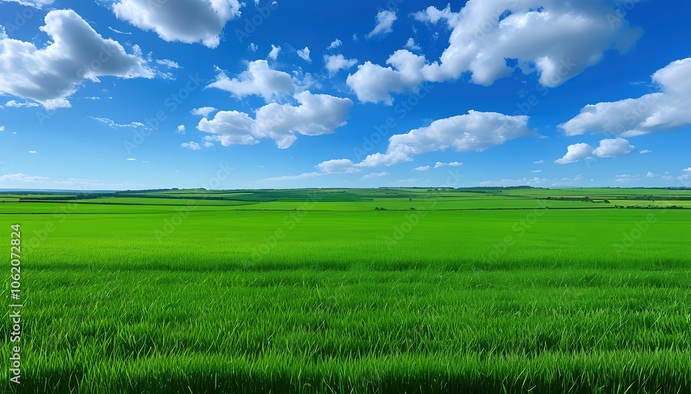 Obraz premium Vast green fields under a vibrant blue sky with fluffy clouds.