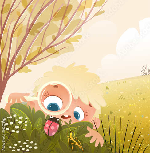 Little boy entomologist play in forest nature and study bugs. Child watching ladybug with magnifying glass. Children biology and entomology science education. Vector kids cartoon illustration.