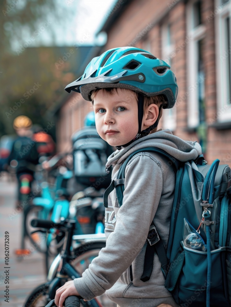 A young child wearing a bicycle helmet and riding gear, preparing for an urban cycling adventure. A young child wearing a bicycle helmet and riding gear, preparing for an urban cycling adventure.