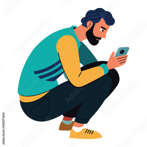 portrait of a guy who is squatting with a phone