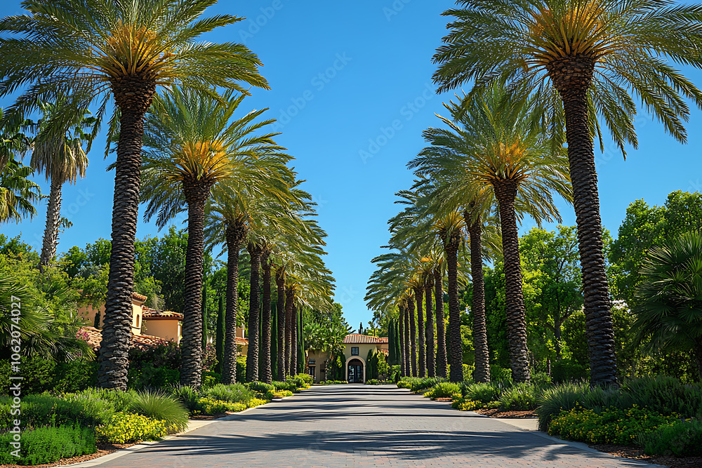 Tall palm trees lining a road in classic Beverly Hills style, with vibrant green leaves against a blue sky, capturing the essence of a luxurious California neighborhood.
Tall palm trees lining a road in classic Beverly Hills style, with vibrant green leaves against a blue sky, capturing the essence of a luxurious California neighborhood.