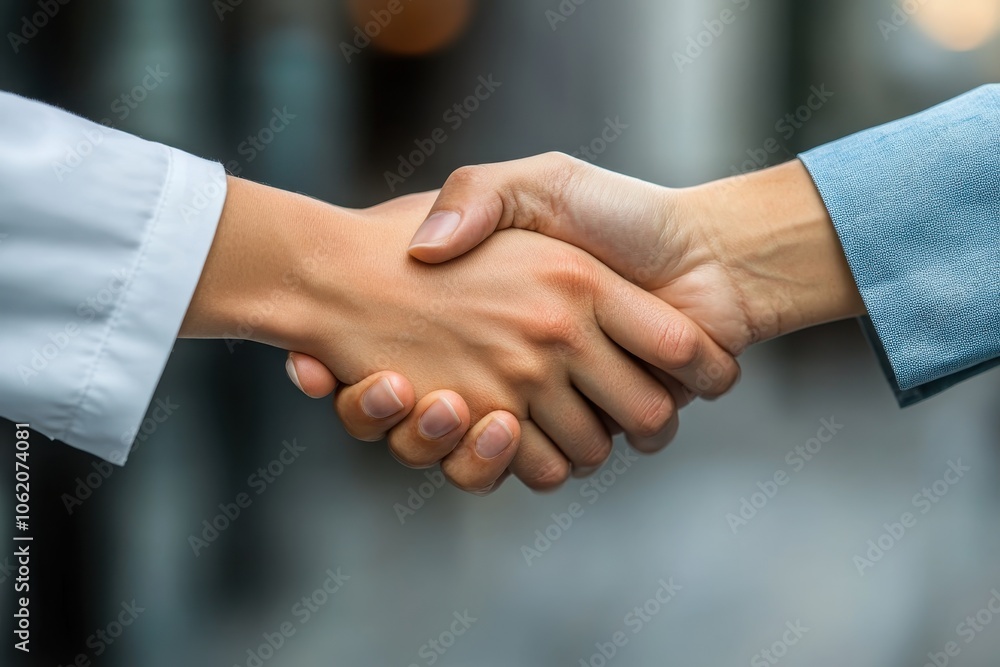 Two individuals engaging in a friendly handshake in a professional outdoor setting during the day Two individuals engaging in a friendly handshake in a professional outdoor setting during the day