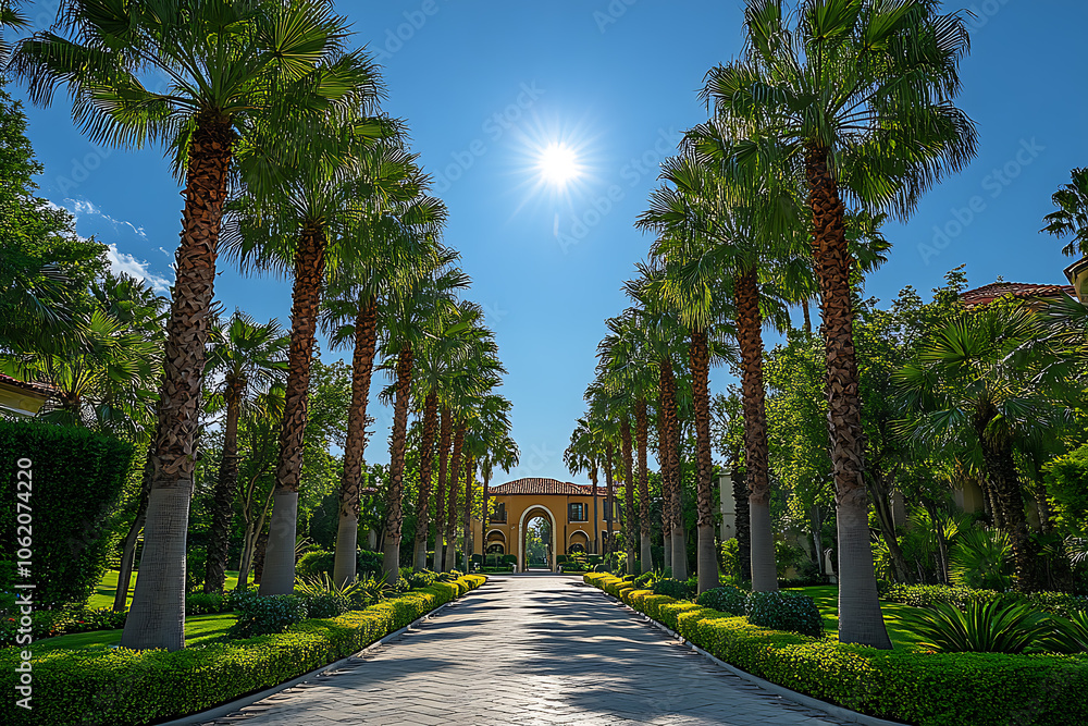 Obraz premium Tall palm trees lining a road in classic Beverly Hills style, with vibrant green leaves against a blue sky, capturing the essence of a luxurious California neighborhood. 