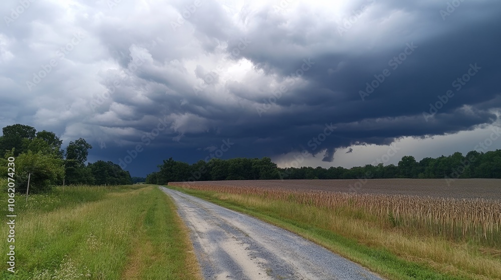 A farm and a country road are surrounded by dark, gloomy clouds that portend a lot of rain. A farm and a country road are surrounded by dark, gloomy clouds that portend a lot of rain.