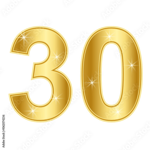 Shiny gold numbers 30 on transparent background