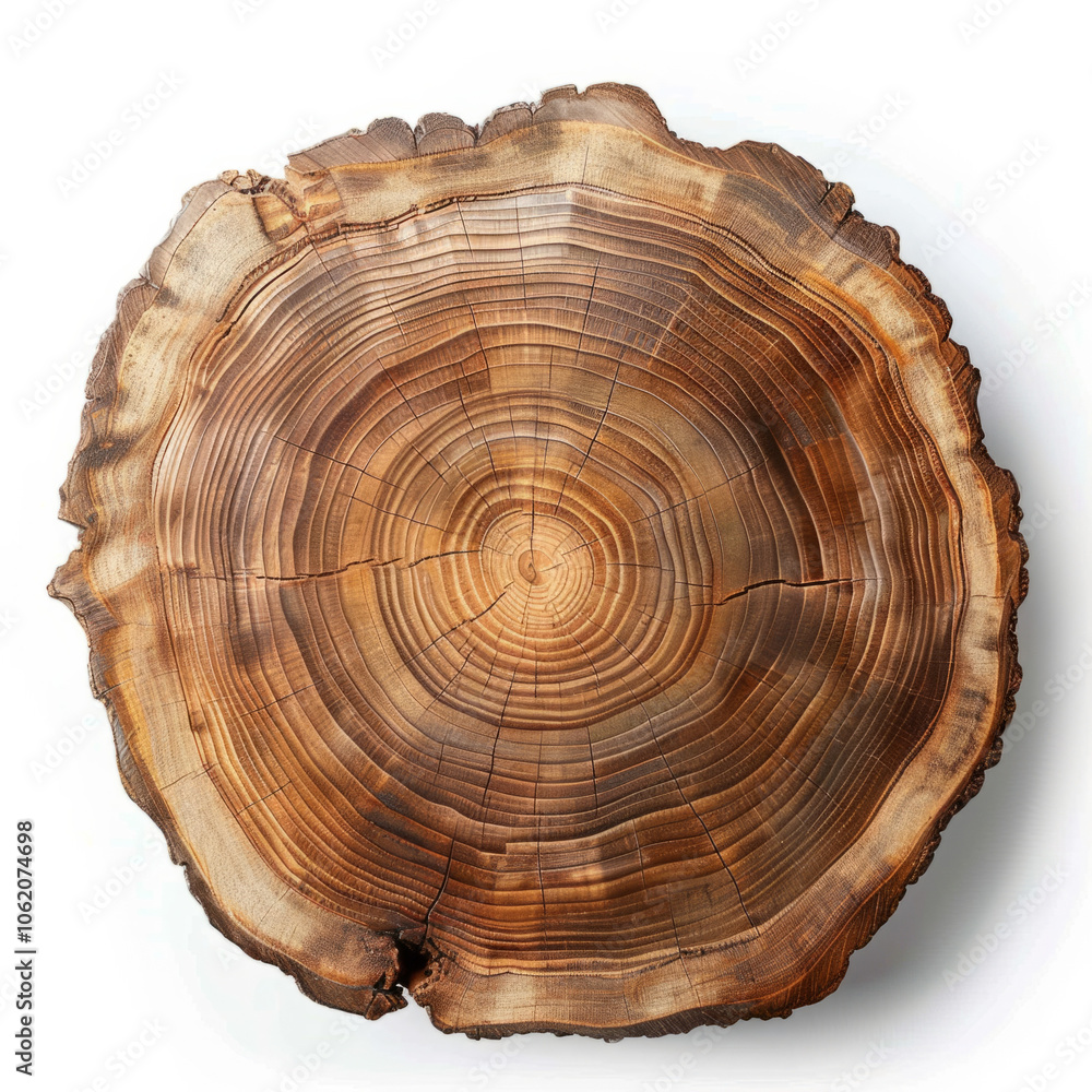 Natural wood slice displaying growth rings and texture on a white background Natural wood slice displaying growth rings and texture on a white background