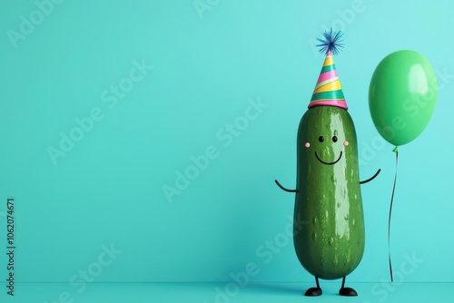 3D rendering of a cartoon pickle character wearing a party hat and holding a balloon, Cartoon pickle with party hat, Playful and fun photo