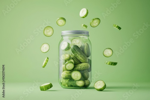 3D rendering of a pickle jar with animated bubbles, celebrating the brining process, Animated pickle jar, Fun and dynamic photo