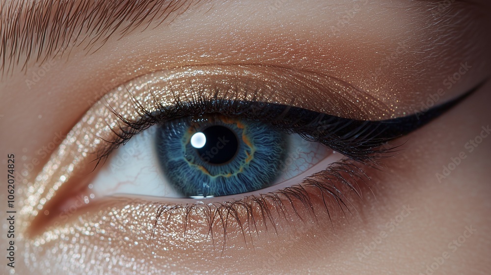 Close-up of a blue, female eye with eyeliner